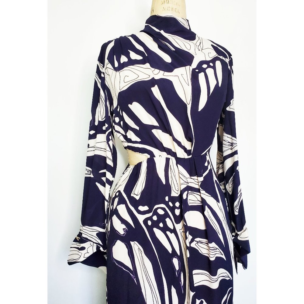 ZARA Womens Abstract Printed Cut-out Midriff Midi Dress Navy/Off-White S NWT - Picture 5 of 14